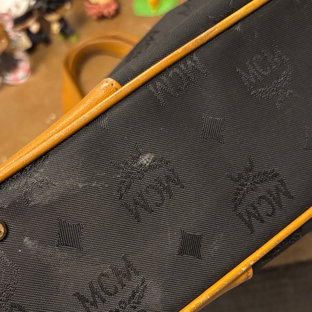 MCM Black Canvas Tote with Cognac Trim and Gold Plaque - Picture 12 of 16